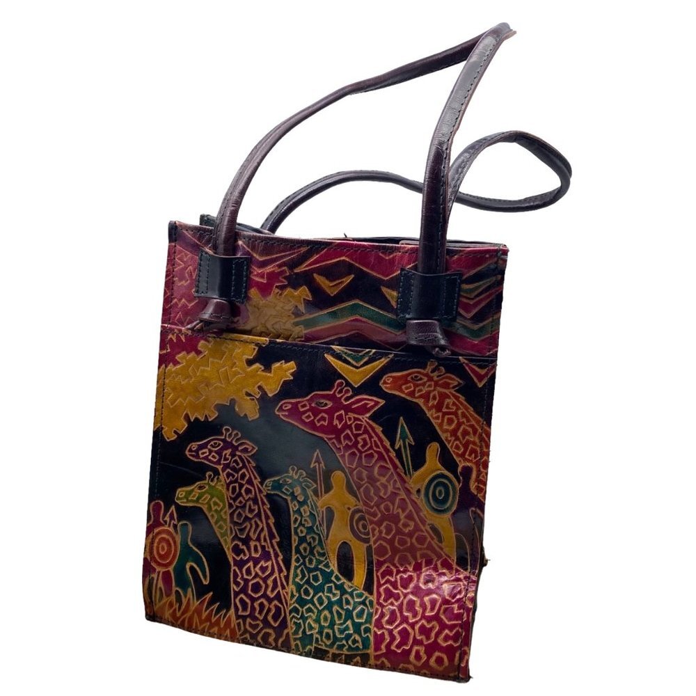 Vintage‎ Hato Hasi Leather Colorful Giraffe Trees Shoulder Bag Purse 9”x5”x8”